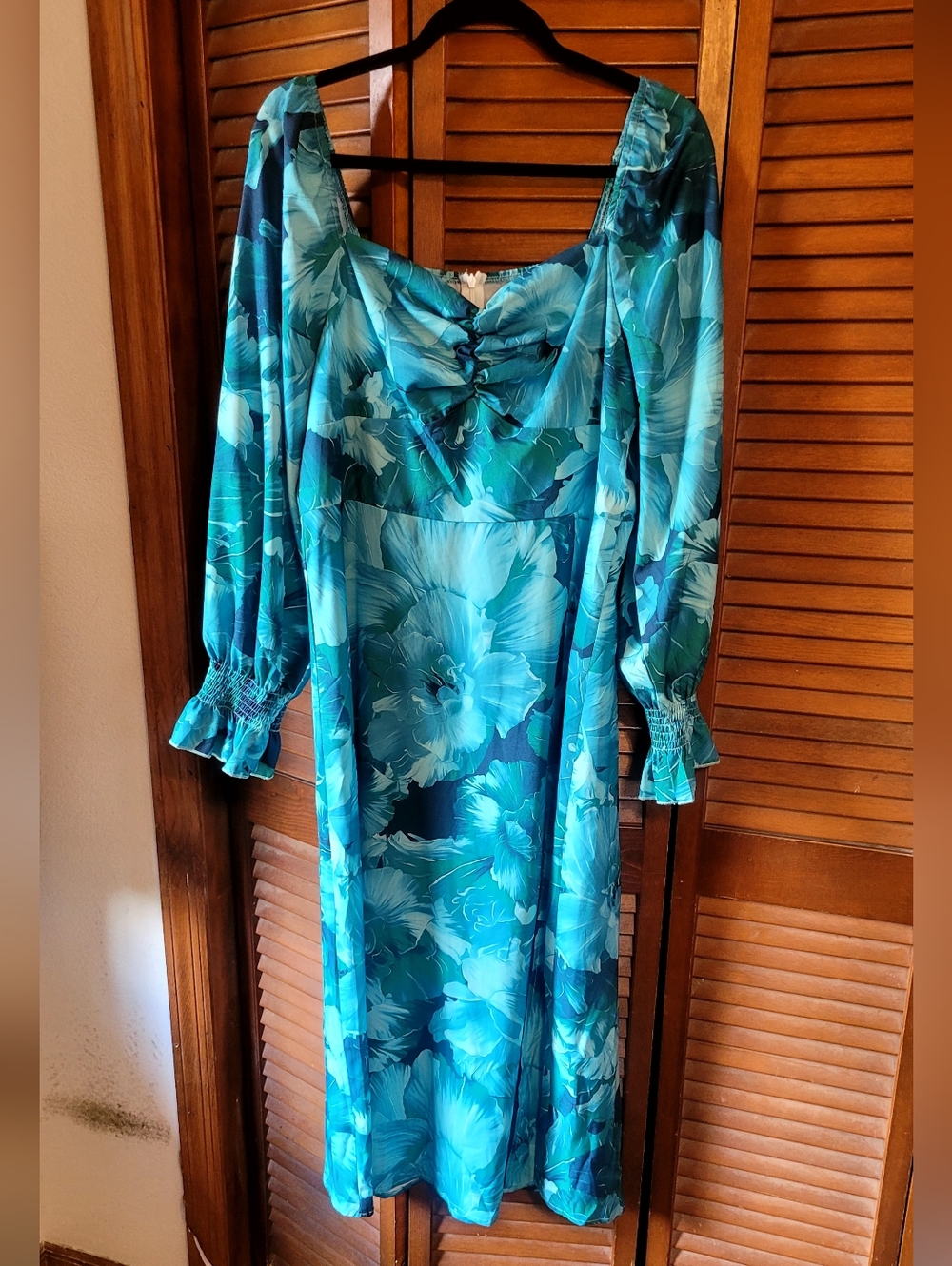 SHEIN Turquoise Floral Puff-Sleeve Midi Dress With All Over Floral Print XL - Picture 3 of 9